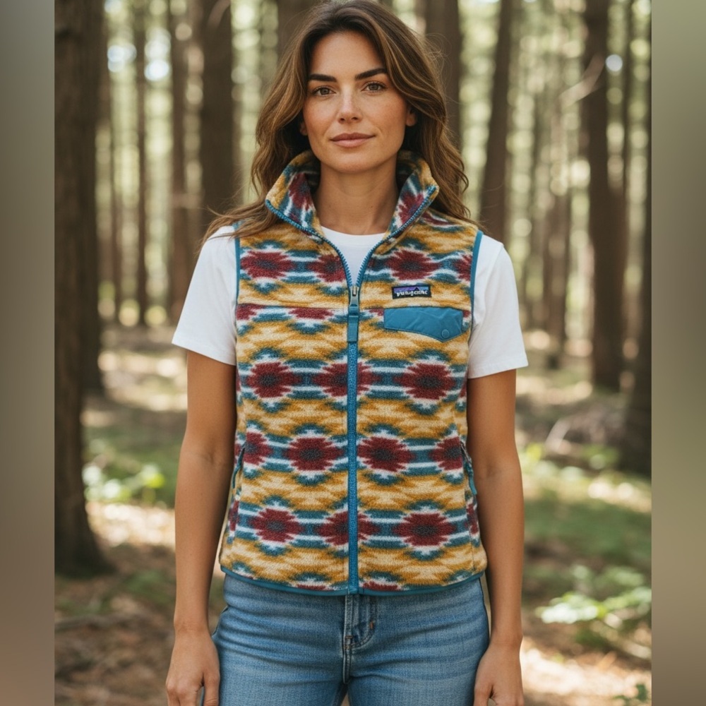 Patagonia Synchilla Snap T Fleece Vest Aztec Pattern gold blue Women Size small